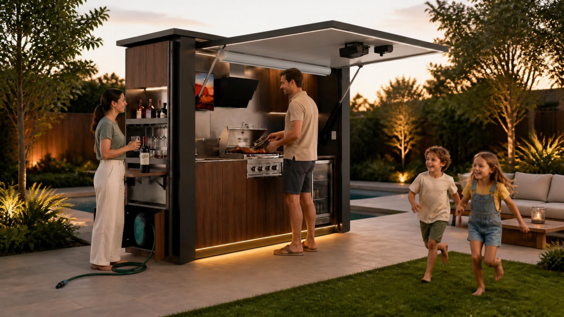 Olea 36 Grey outdoor kitchen pod open at dusk in a landscaped garden, a couple cooking and children running past