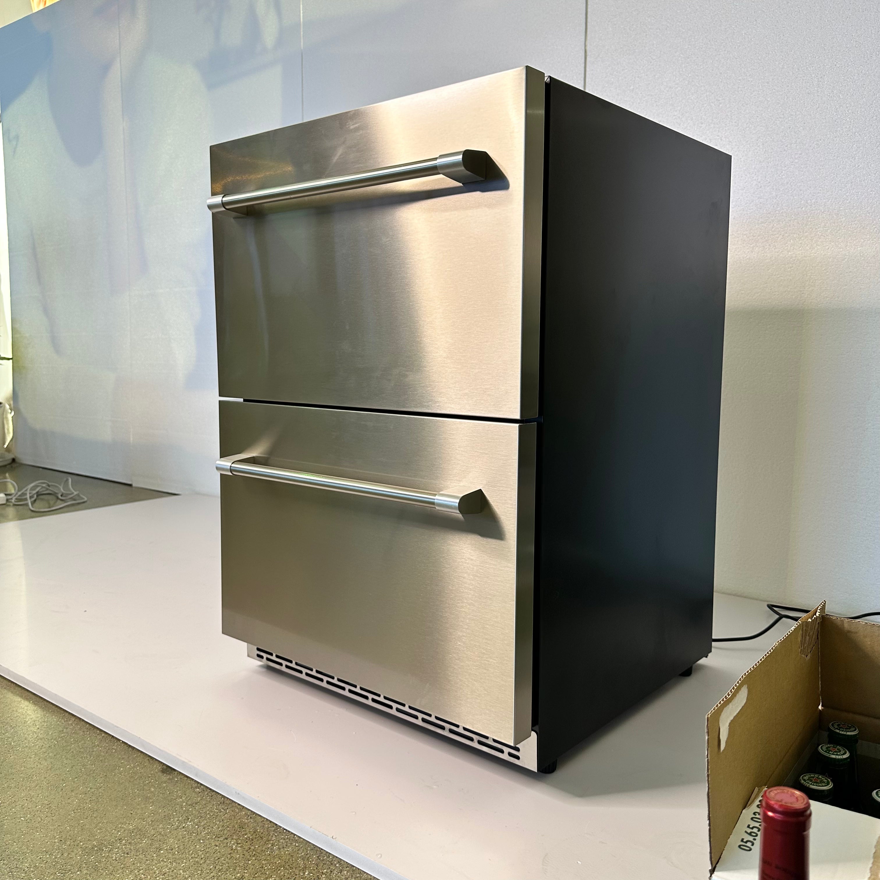 Beverage cabinet with two drawers for an OLEA outdoor kitchen pod