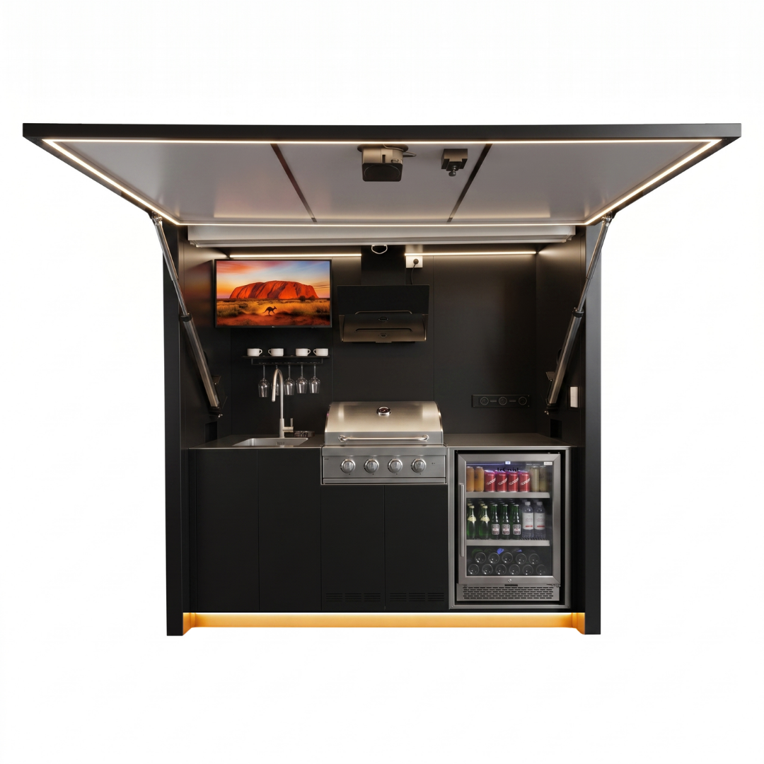 OLEA 24 Black outdoor kitchen pod, 2.4 m, canopy open
