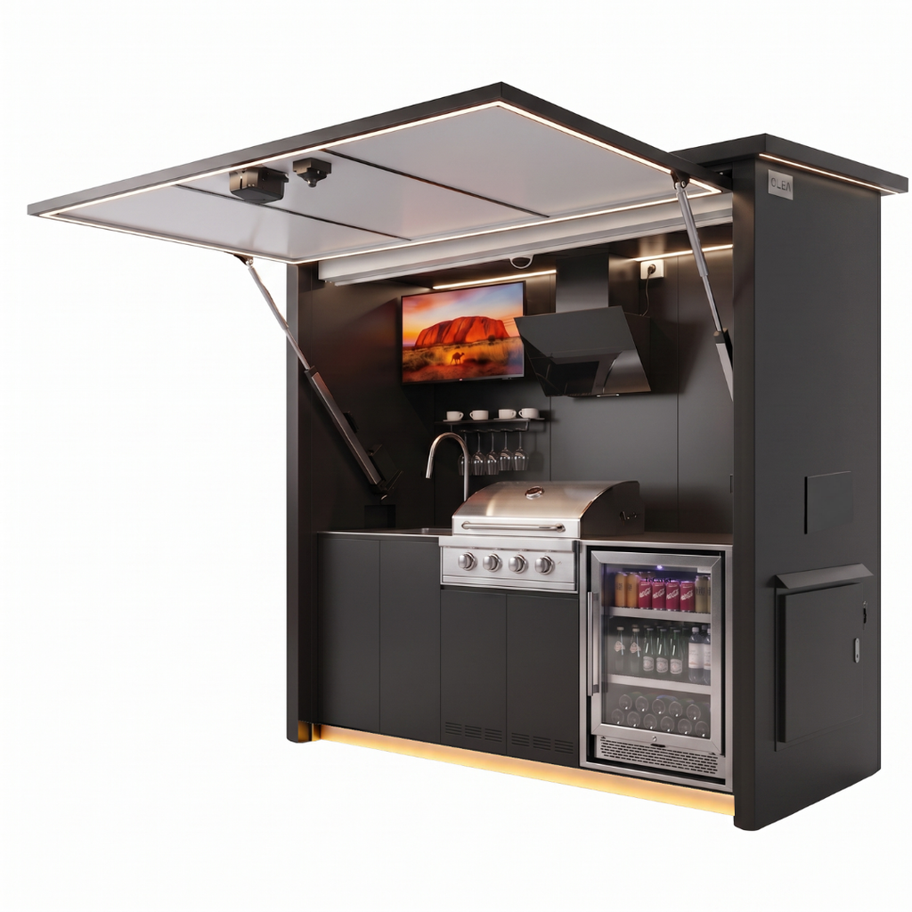 OLEA 24 Black outdoor kitchen pod, 2.4 m, canopy open