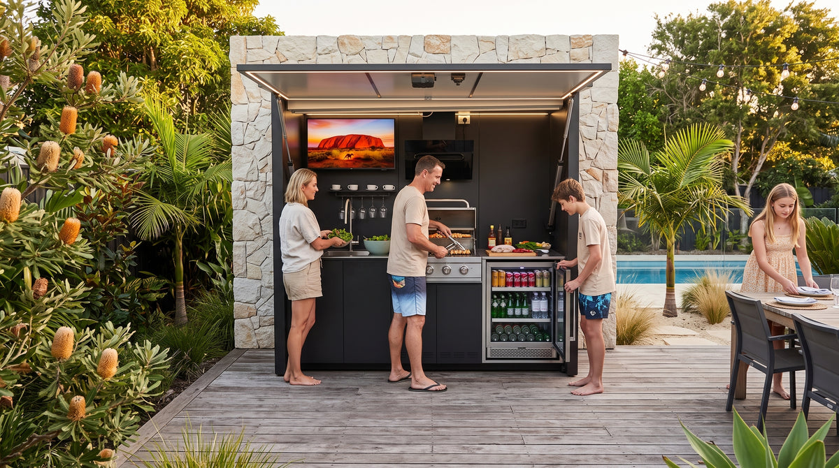 OLEA 24 Black outdoor kitchen pod in an Australian garden