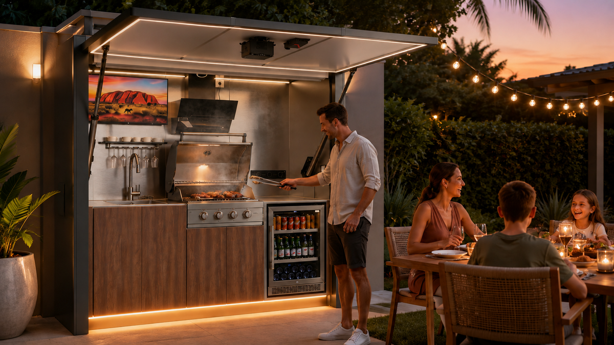 OLEA 24 Grey outdoor kitchen pod in an Australian garden
