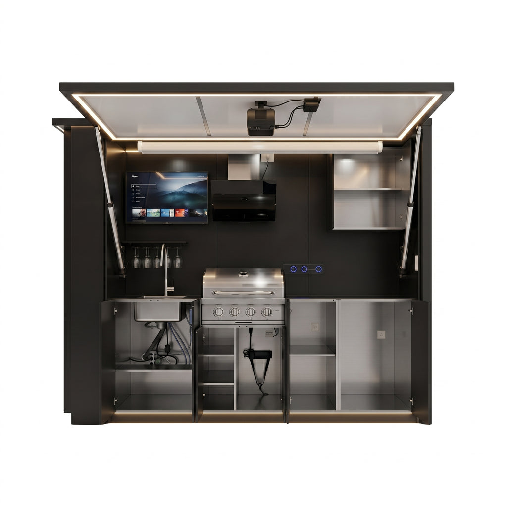 OLEA 36 Black outdoor kitchen pod, 3.2 m, canopy open