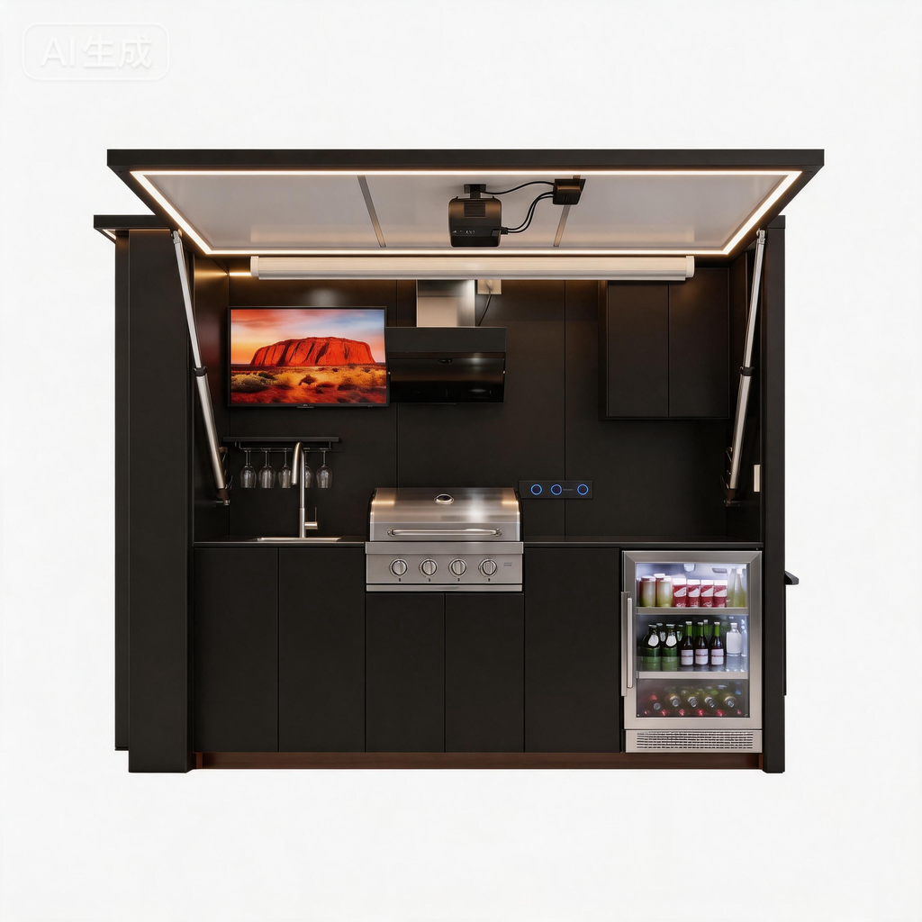 OLEA 36 Black outdoor kitchen pod, 3.2 m, canopy open