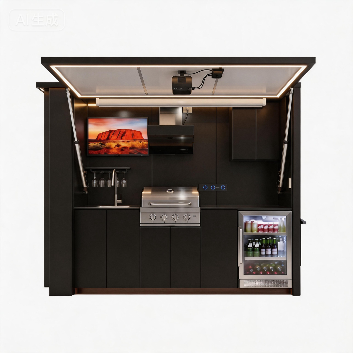OLEA 36 Black outdoor kitchen pod, 3.2 m, canopy open
