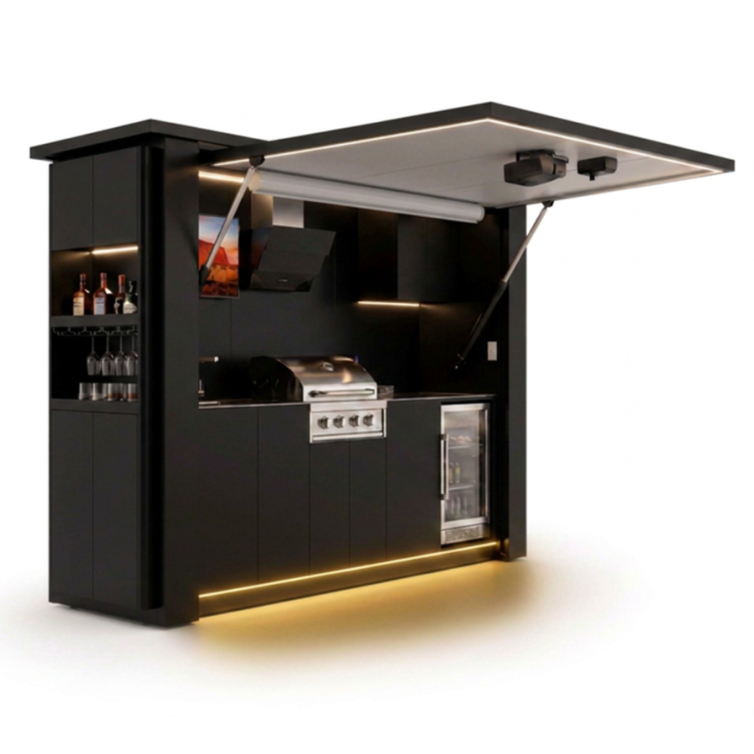 OLEA 36 Black outdoor kitchen pod, 3.2 m, canopy open