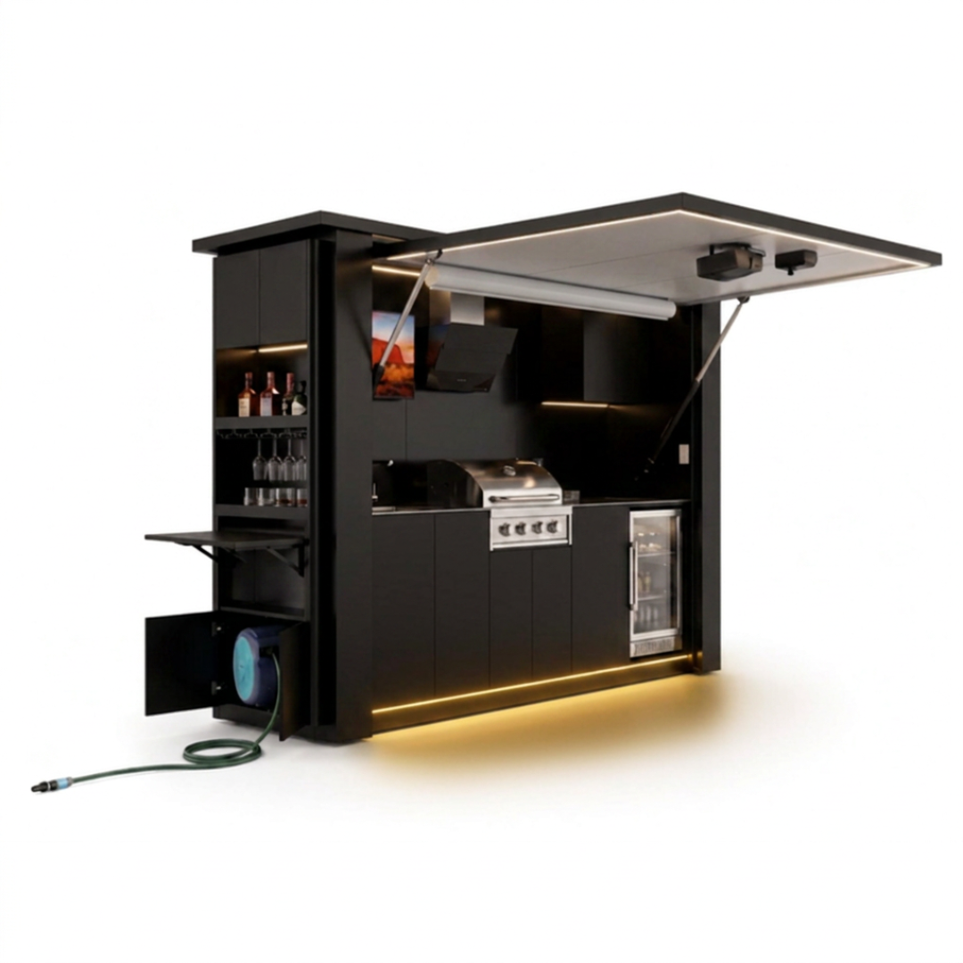 OLEA 36 Black outdoor kitchen pod, 3.2 m, canopy open