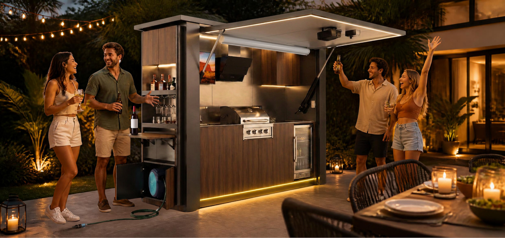 OLEA 36 Grey outdoor kitchen pod in an Australian garden