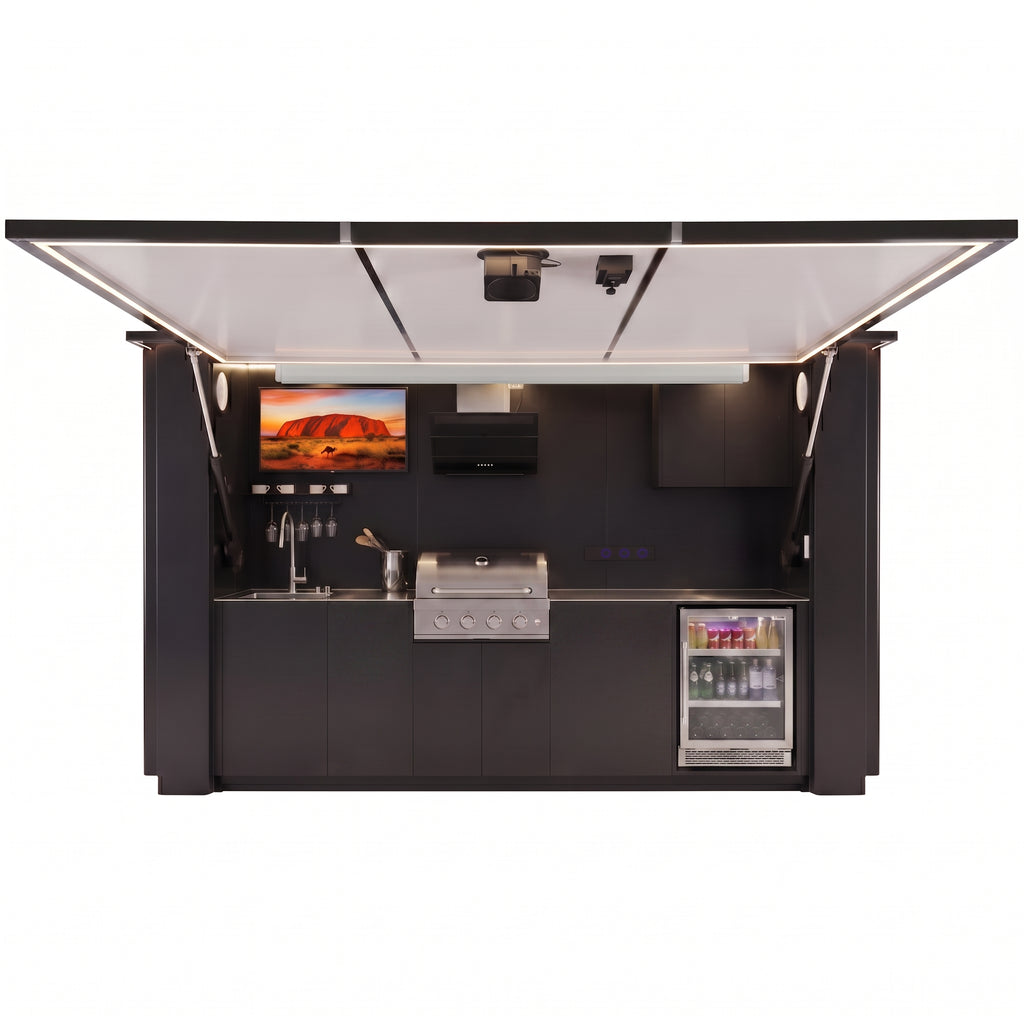 OLEA 38 Black outdoor kitchen pod, 3.9 m, canopy open