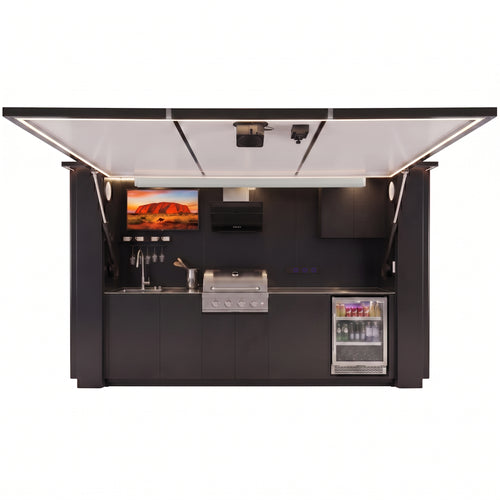 OLEA 38 Black outdoor kitchen pod, 3.9 m, canopy open