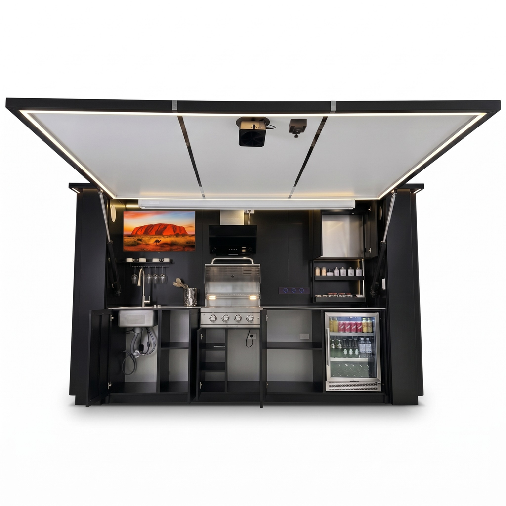 OLEA 38 Black outdoor kitchen pod, 3.9 m, canopy open