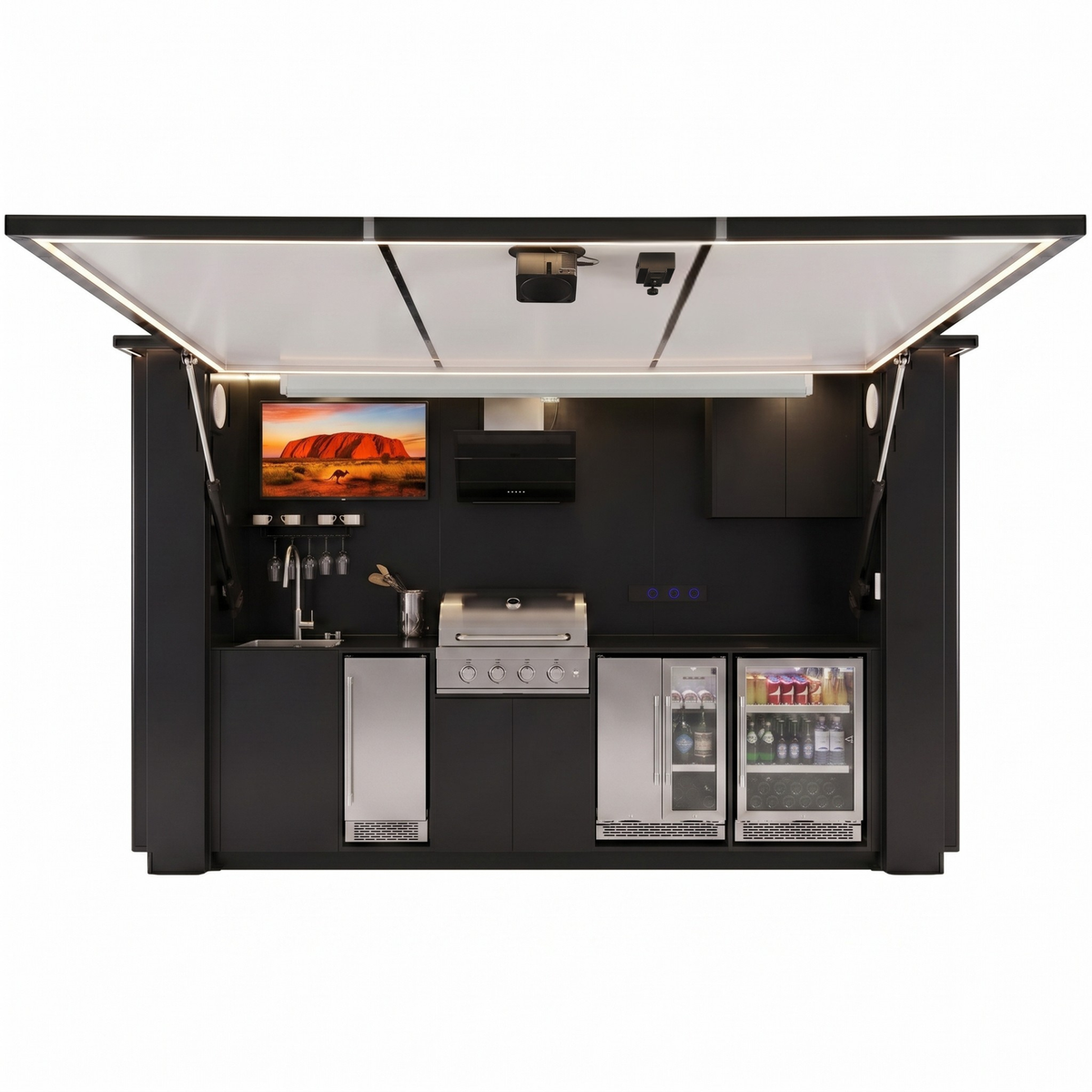 OLEA 38 Black outdoor kitchen pod, 3.9 m, canopy open