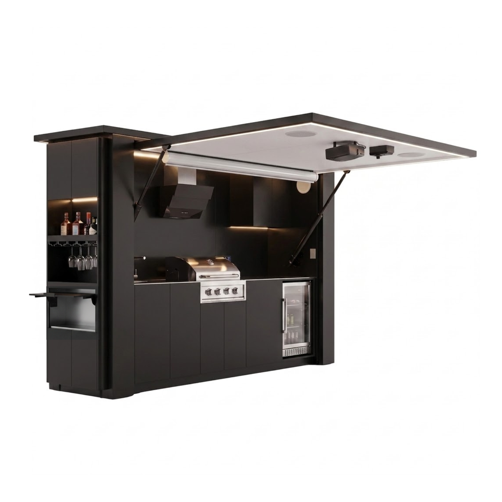 OLEA 38 Black outdoor kitchen pod, 3.9 m, canopy open