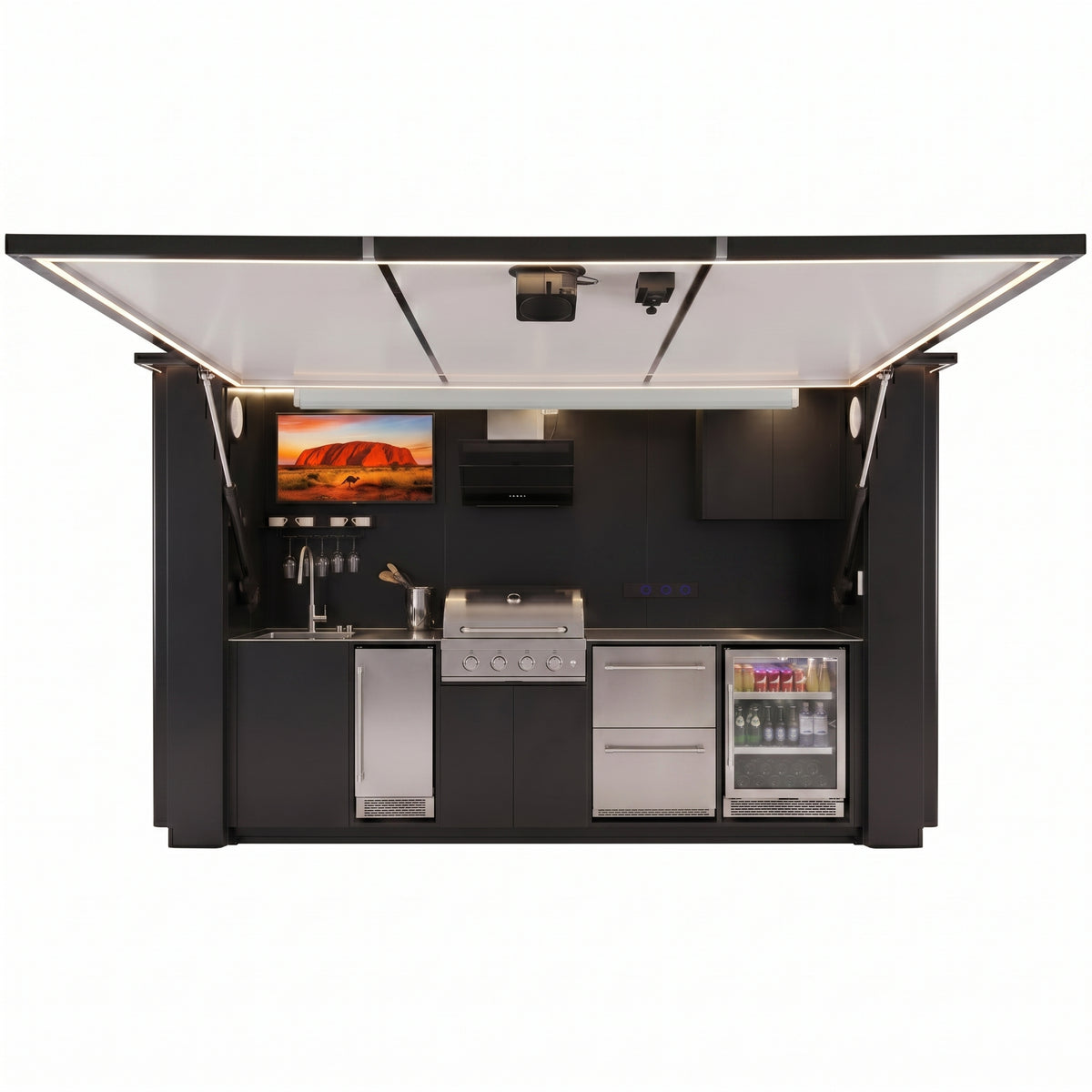 OLEA 38 Black outdoor kitchen pod, 3.9 m, canopy open