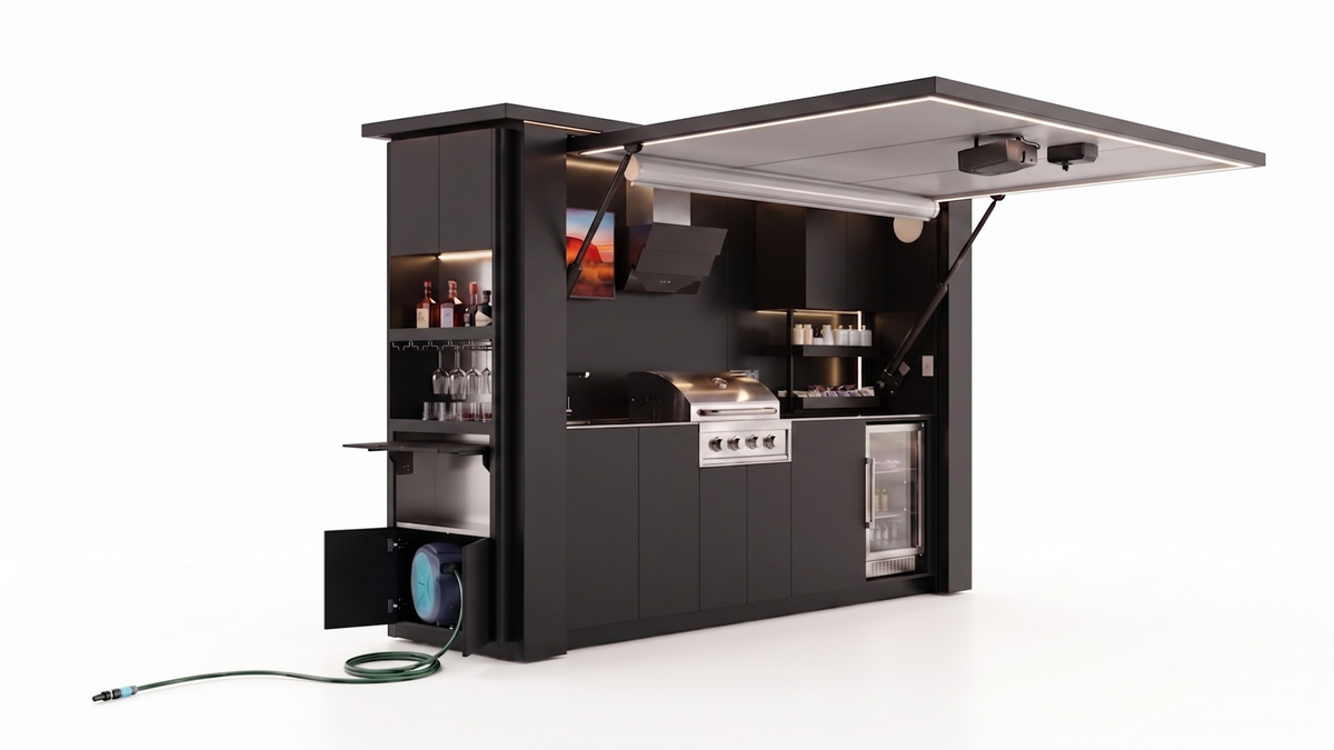 OLEA 38 Black outdoor kitchen pod, 3.9 m, canopy open