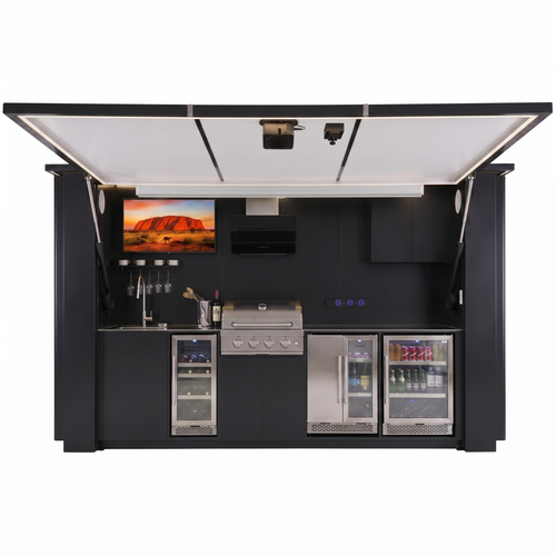 OLEA 38 Black outdoor kitchen pod, 3.9 m, canopy open