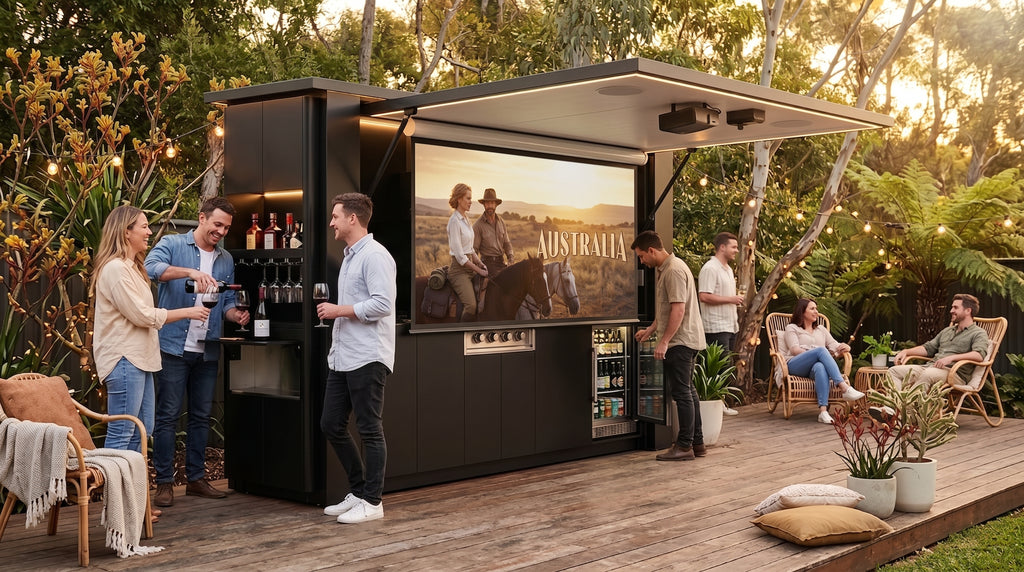 OLEA 38 Black outdoor kitchen pod in an Australian garden