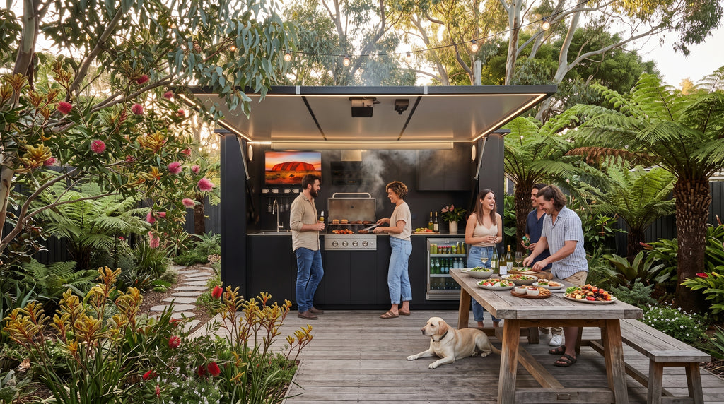 OLEA 38 Black outdoor kitchen pod in an Australian garden