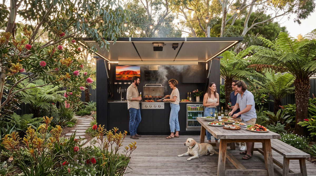 OLEA 38 Black outdoor kitchen pod in an Australian garden
