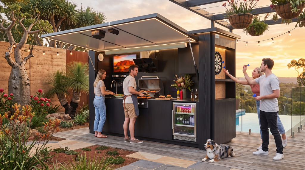 OLEA 38 Black outdoor kitchen pod in an Australian garden