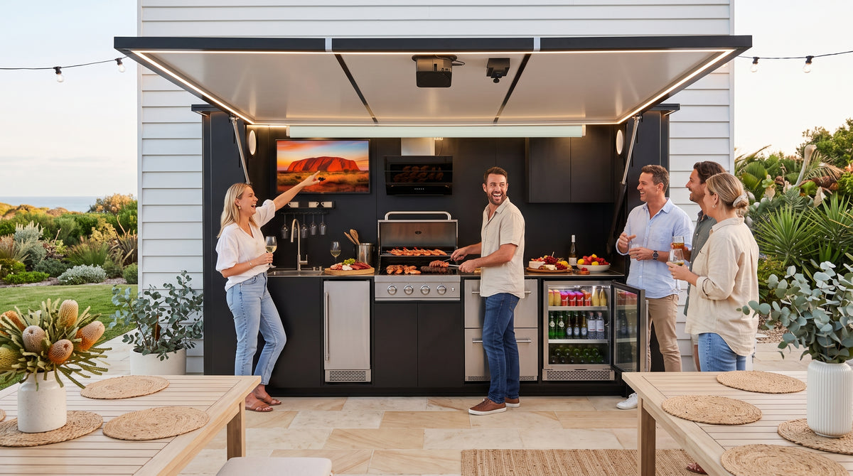 OLEA 38 Black outdoor kitchen pod in an Australian garden