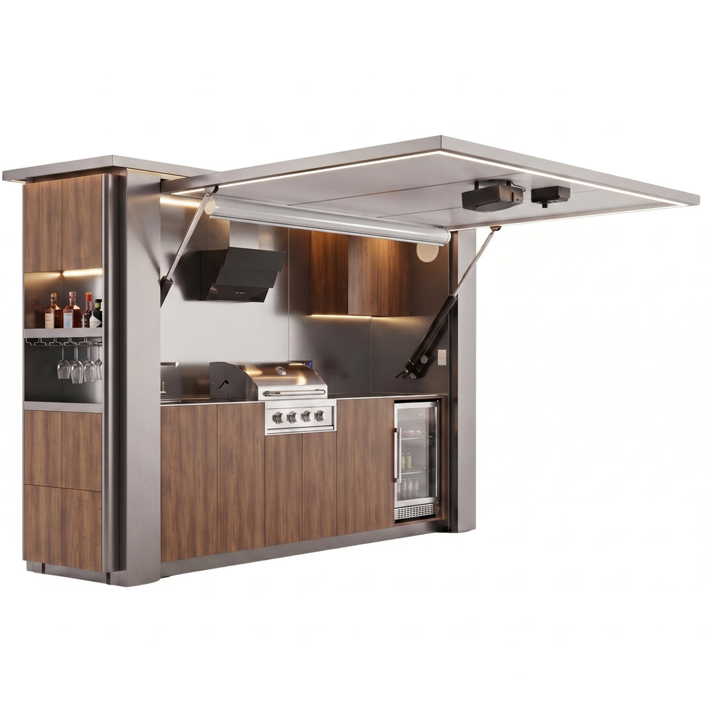 OLEA 38 Grey outdoor kitchen pod, 3.9 m, canopy open