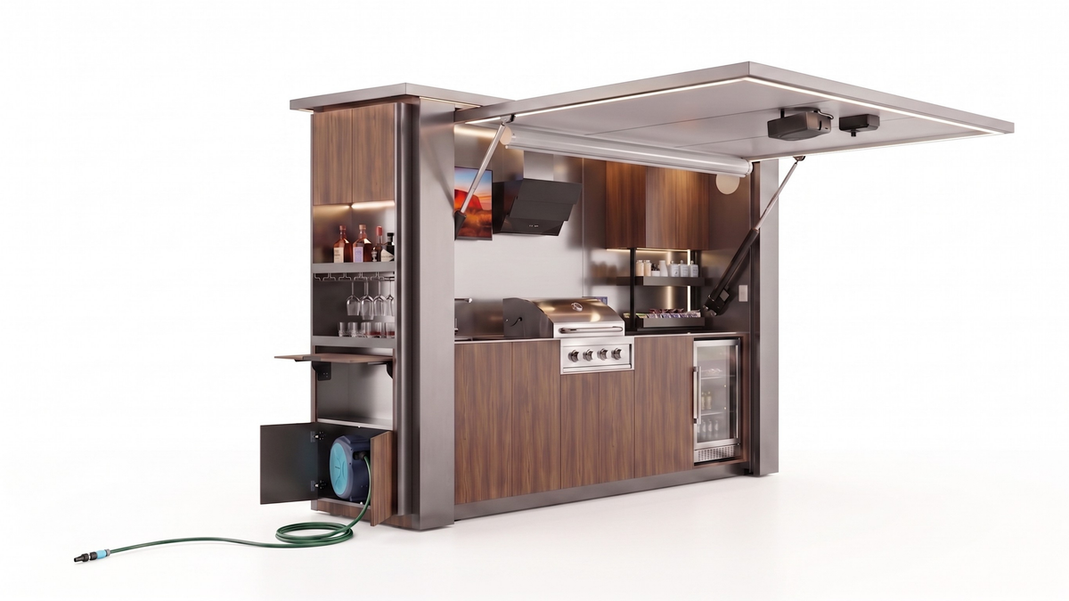 OLEA 38 Grey outdoor kitchen pod, 3.9 m, canopy open