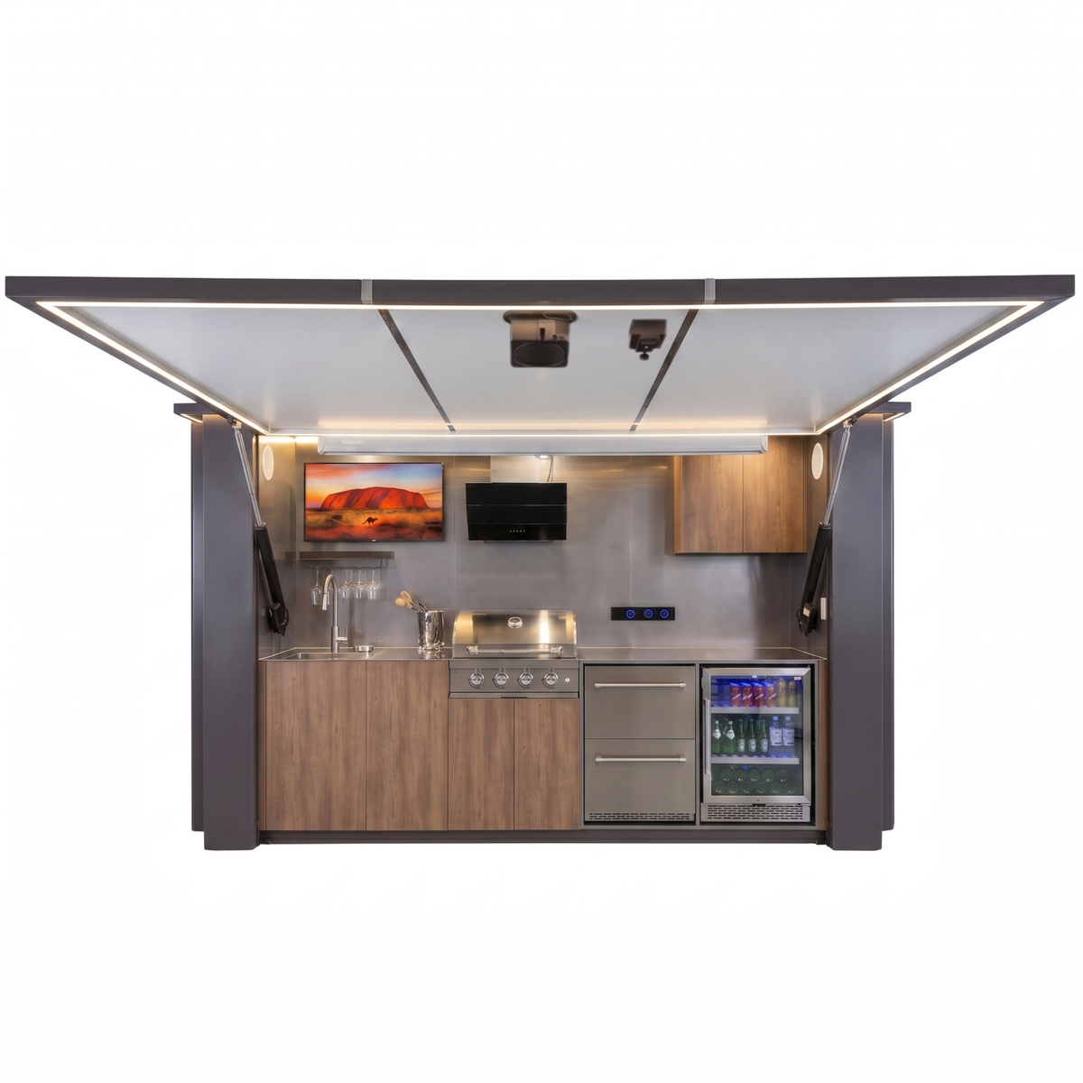 OLEA 38 Grey outdoor kitchen pod, 3.9 m, canopy open