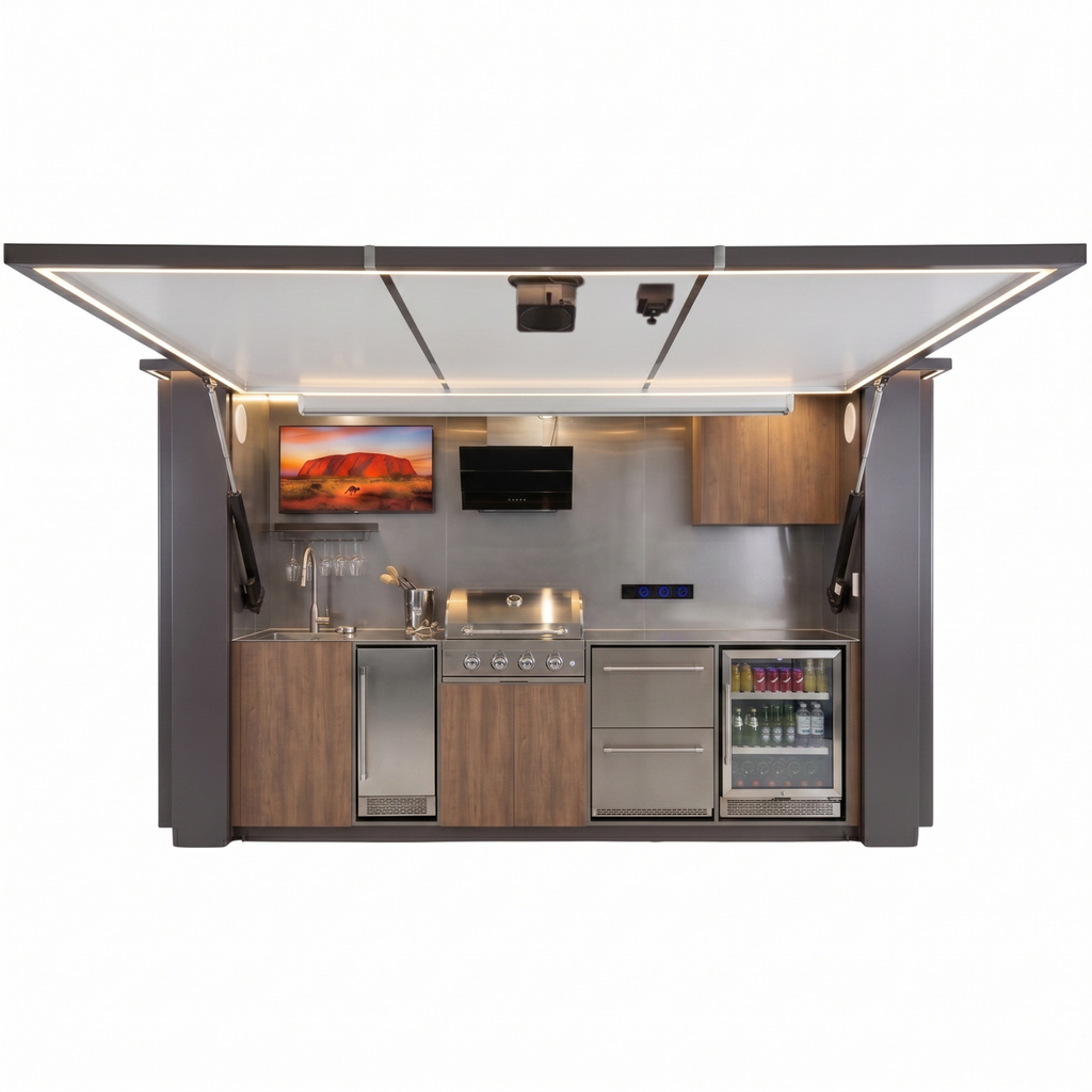 OLEA 38 Grey outdoor kitchen pod, 3.9 m, canopy open