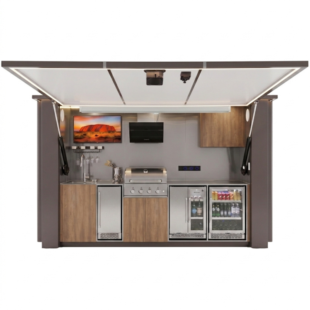 OLEA 38 Grey outdoor kitchen pod, 3.9 m, canopy open