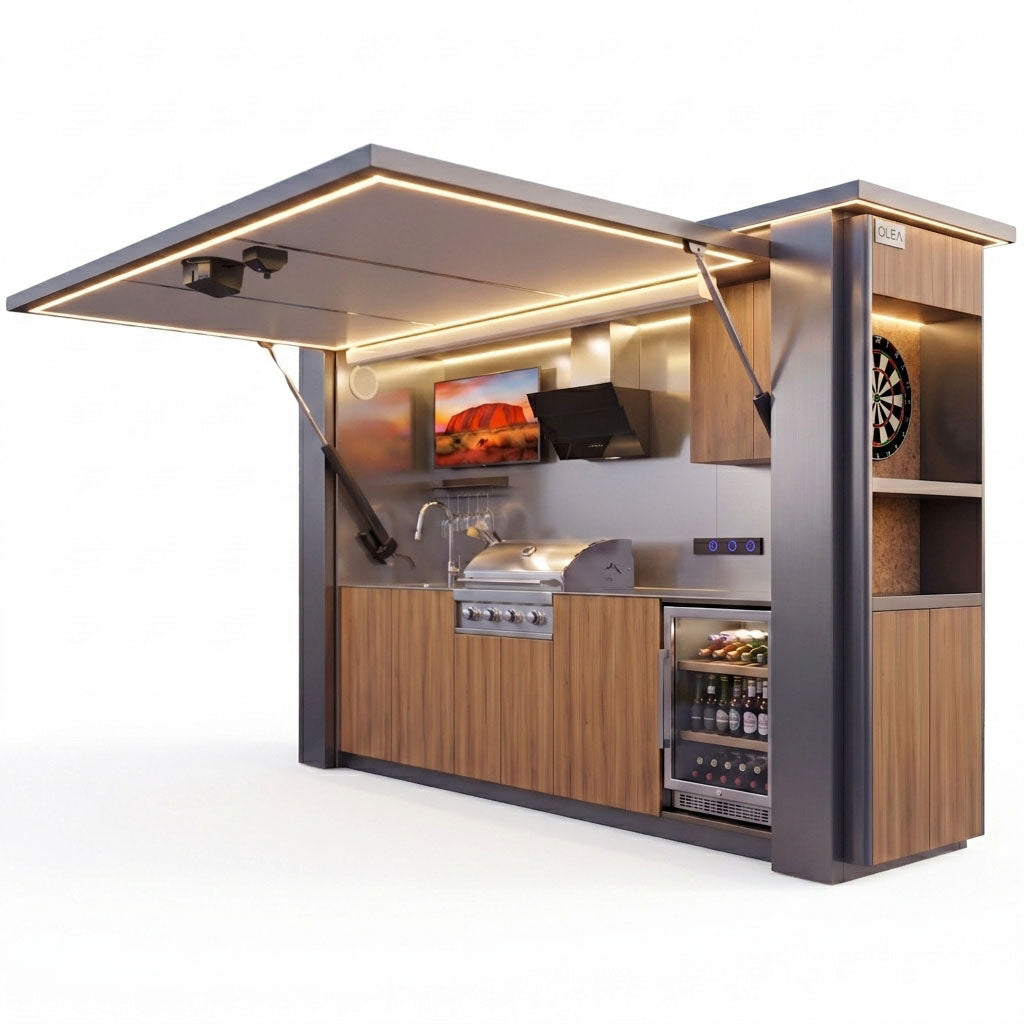 OLEA 38 Grey outdoor kitchen pod, 3.9 m, canopy open