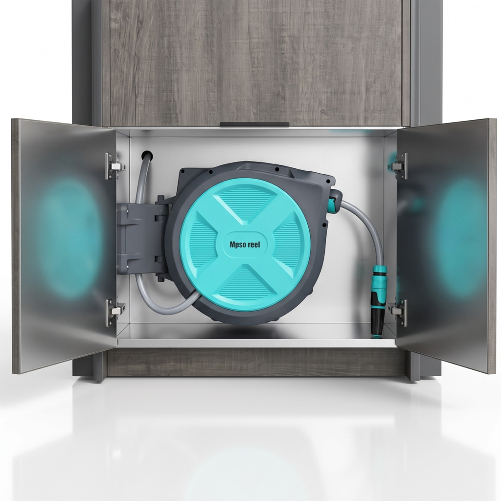 Retractable garden hose reel in its own cabinet — OLEA 38 Grey