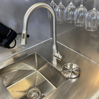 Stainless steel sink with pull-out tap and overhead glass rack — OLEA 38 Grey
