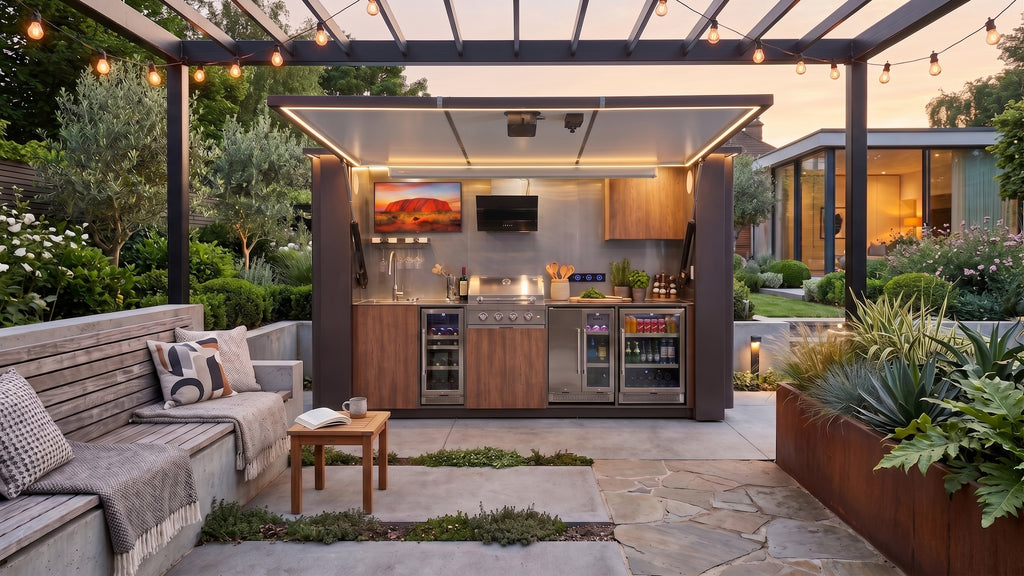 OLEA 38 Grey outdoor kitchen pod in an Australian garden
