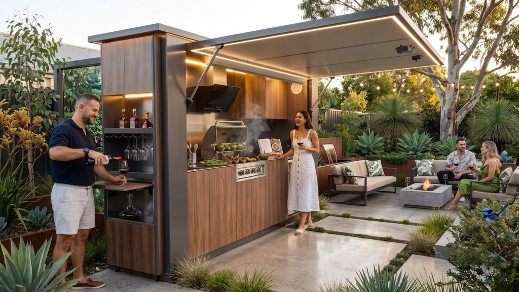 OLEA 38 Grey outdoor kitchen pod in an Australian garden