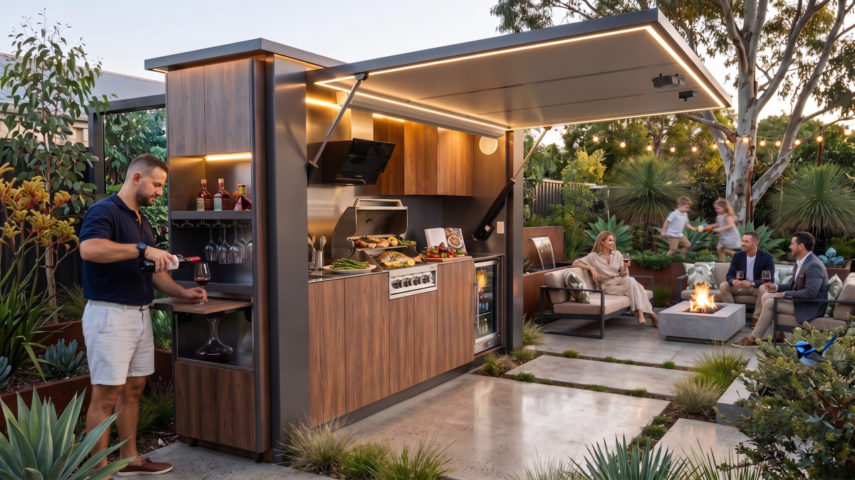 OLEA 38 Grey outdoor kitchen pod in an Australian garden
