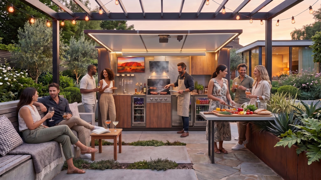 OLEA 38 Grey outdoor kitchen pod in an Australian garden