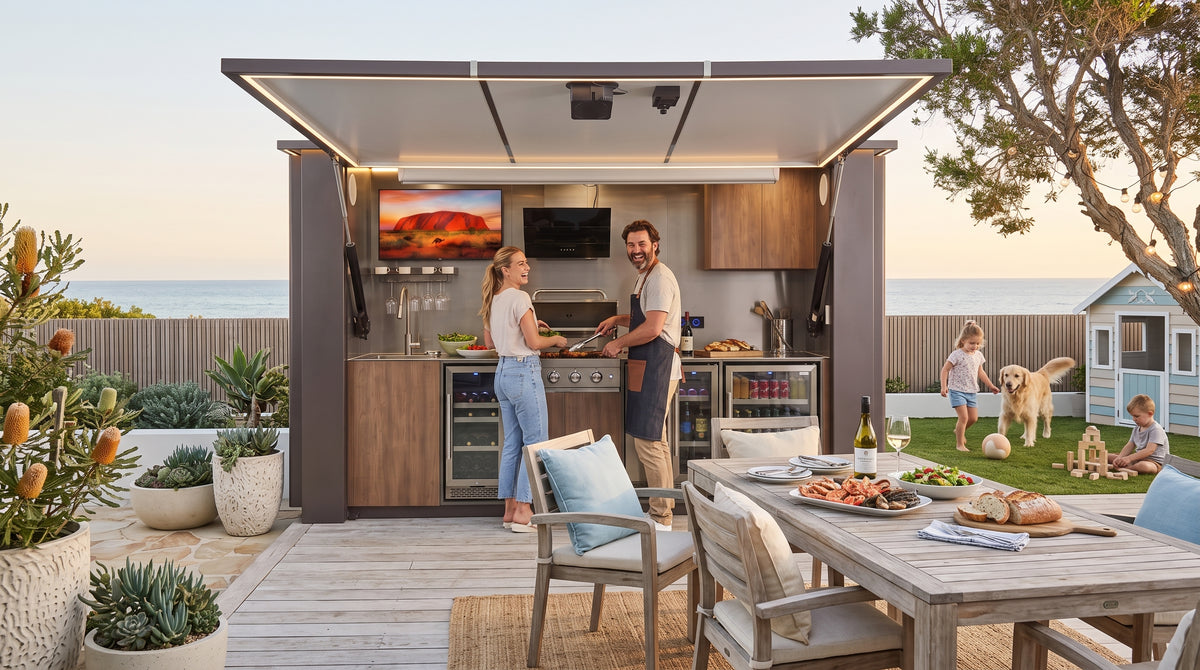 OLEA 38 Grey outdoor kitchen pod in an Australian garden