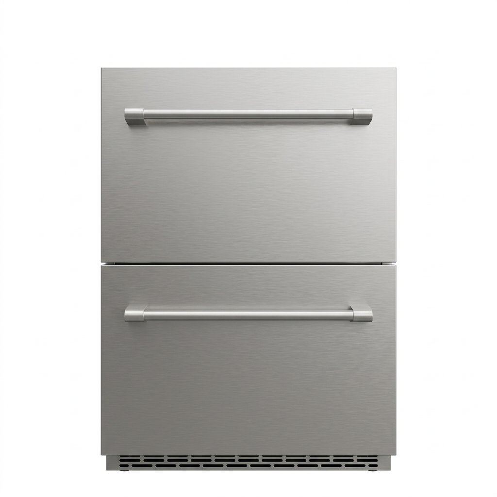 OLEA outdoor fridge, stainless steel double drawer front, closed