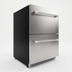 OLEA outdoor fridge, three-quarter view, brushed stainless drawer fronts