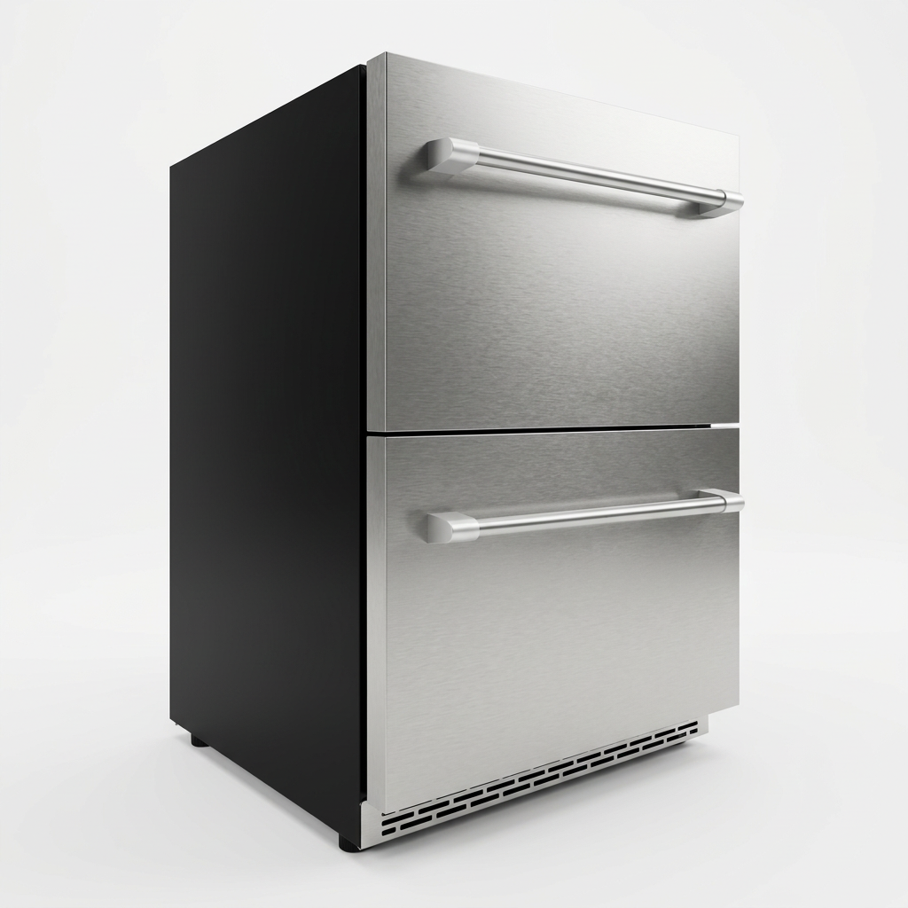 OLEA outdoor fridge, three-quarter view, brushed stainless drawer fronts