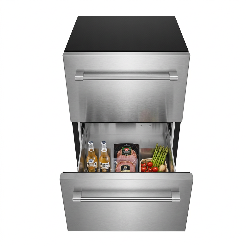 OLEA outdoor fridge with the lower drawer open, loaded with drinks, charcuterie and fresh vegetables