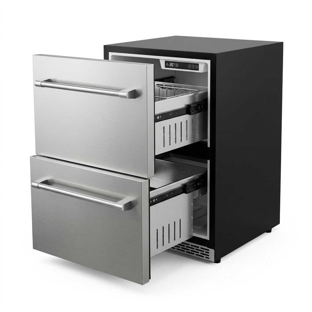 OLEA outdoor fridge with both drawers open, showing the wire baskets and full-extension runners