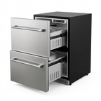 OLEA outdoor fridge with both drawers open, showing the wire baskets and full-extension runners