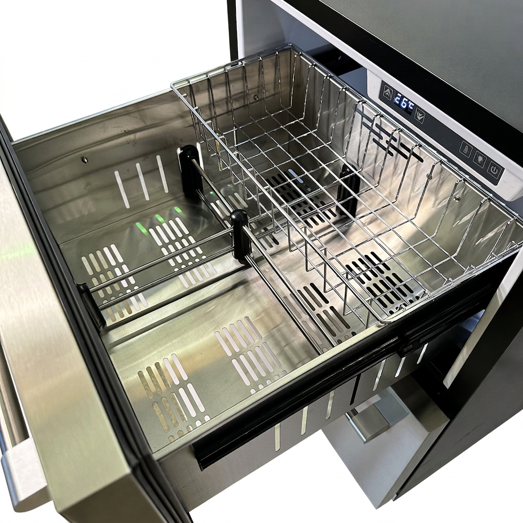 Removable chrome wire basket and perforated stainless steel drawer base
