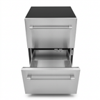 Lower drawer fully extended and empty, showing the stainless steel liner