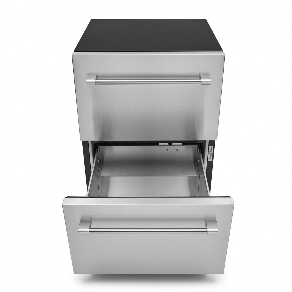Lower drawer fully extended and empty, showing the stainless steel liner
