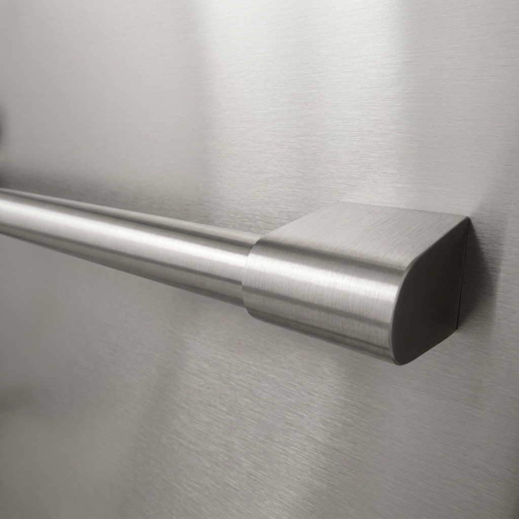 Brushed stainless steel bar handle detail on the drawer front