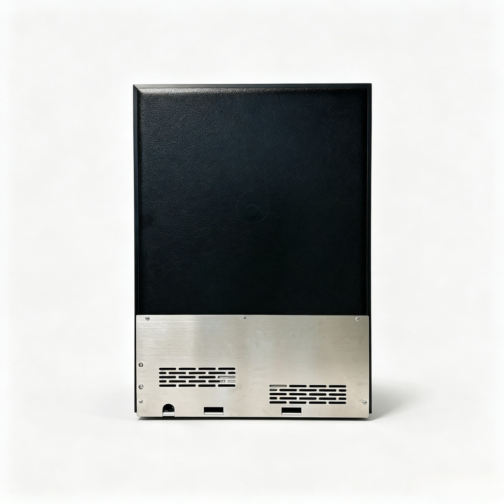 Rear of the OLEA outdoor fridge showing the ventilation grilles and compliance plate
