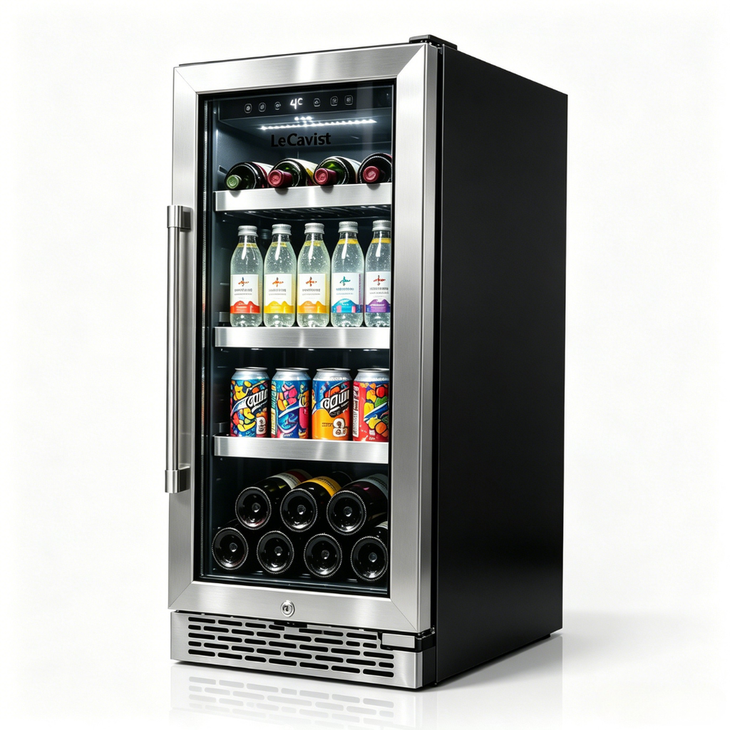OLEA outdoor wine cabinet 38cm single zone, three-quarter view, glass door closed and stocked